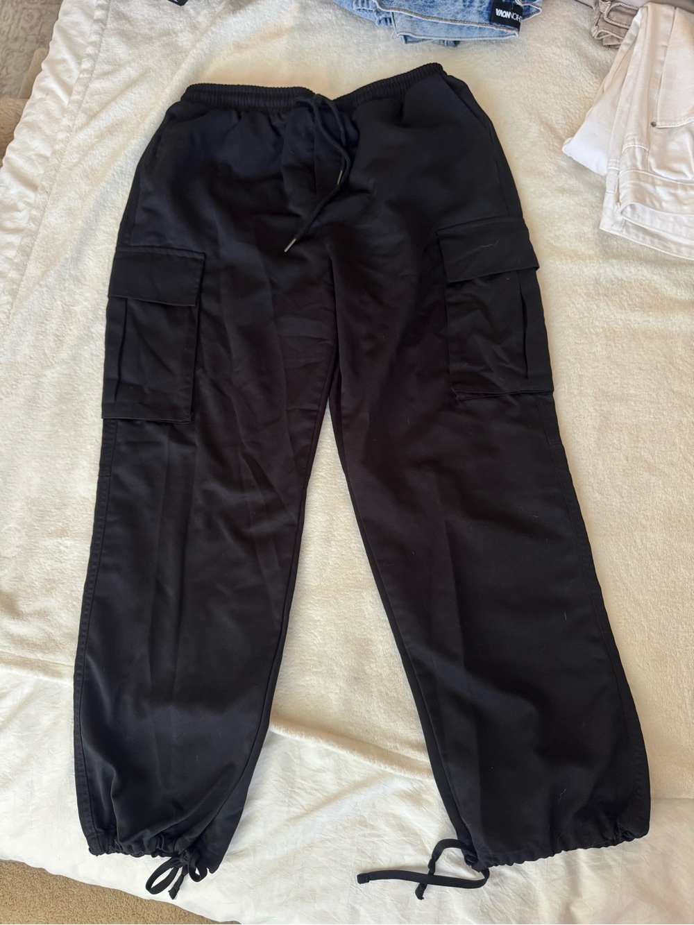 Black Cargo Jogger Pants - Casual Drawstring Waist